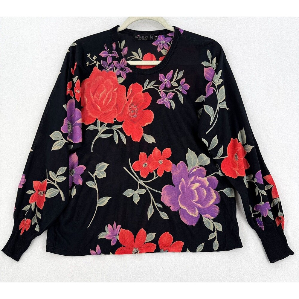 Vtg Again Nonno Blouse Women L XL Black Floral Silk Blend Made Italy Sheer Boho